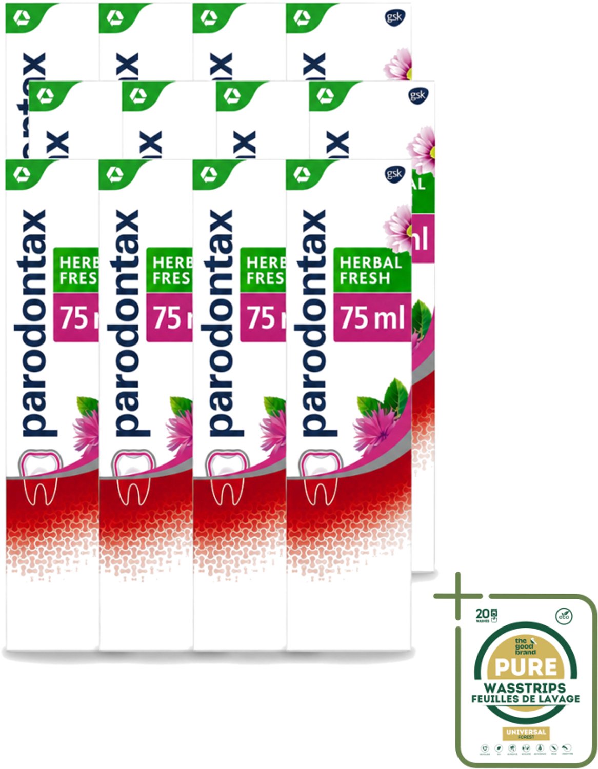 12 x Parodontax - Tandpasta - Herbal Fresh - Bergamot & Mint - 75ml - Wasstrips - Tandvleesgezondheid - Bloedend Tandvlees - Tandpasta - Kruidenextracten - Bergamot