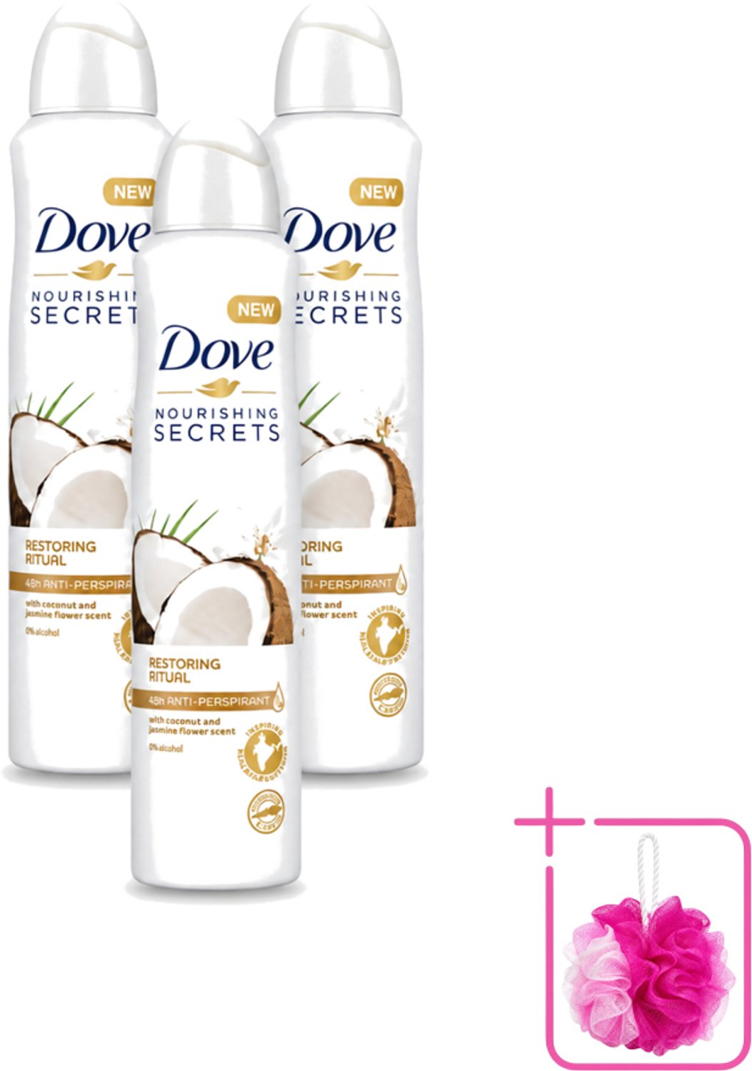 3 x Dove - Deodorant - Coconut & Jasmine Flower - Tropisch en verzorgend - 250 ml - Bulkverpakking - Deodorant spray - Douchemop - Kokos en jasmijn