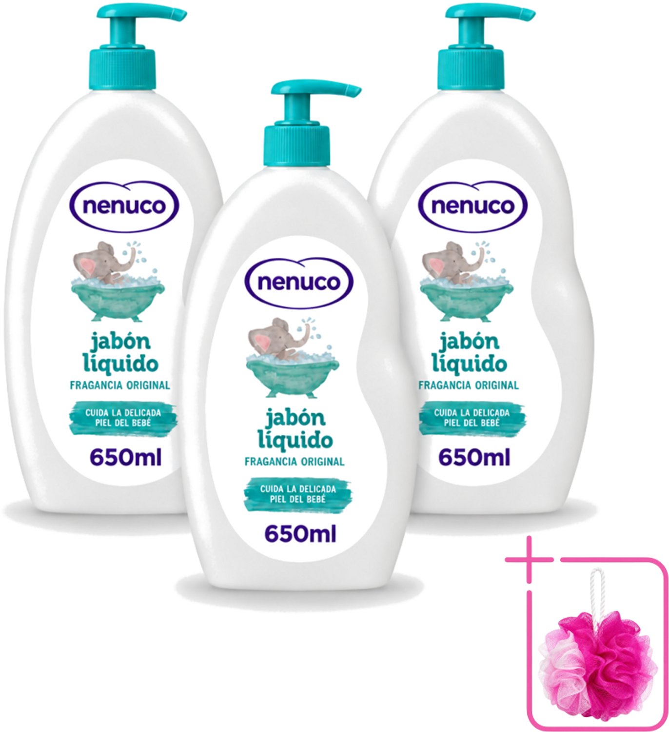 3 x Nenuco - Jabon Líquido - Vloeibare Zeep - Originele Geur - Met Doseerpomp - 650 ml - Bulkverpakking - Vloeibare zeep - Douchemop - Zeep voor baby