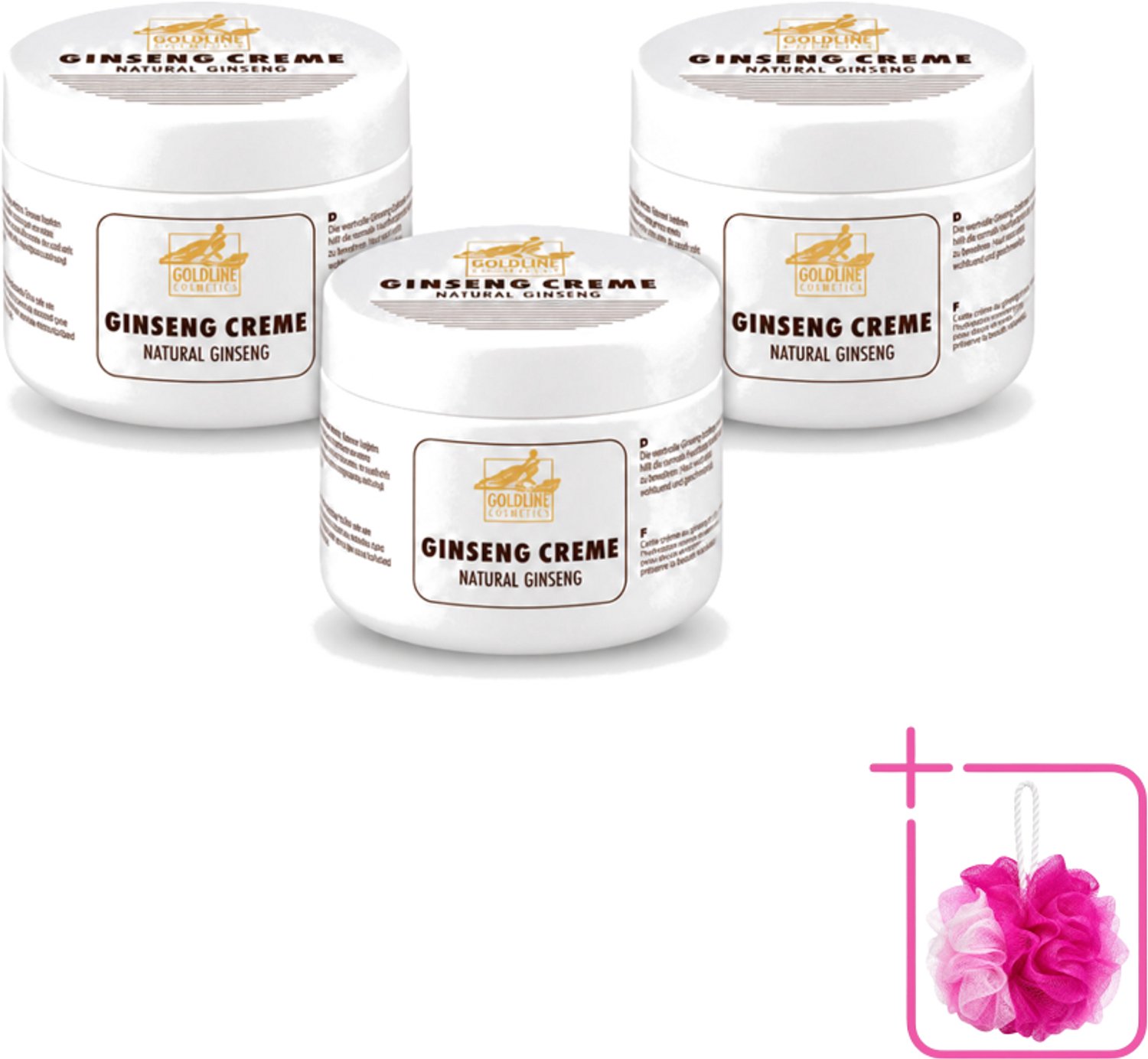 3 x Goldline - Bodycrème - Natural Ginseng - Verzorgend & Versterkend - 250 ml - Bulkverpakking - Ginseng crème - Douchemop - Huid verzorging