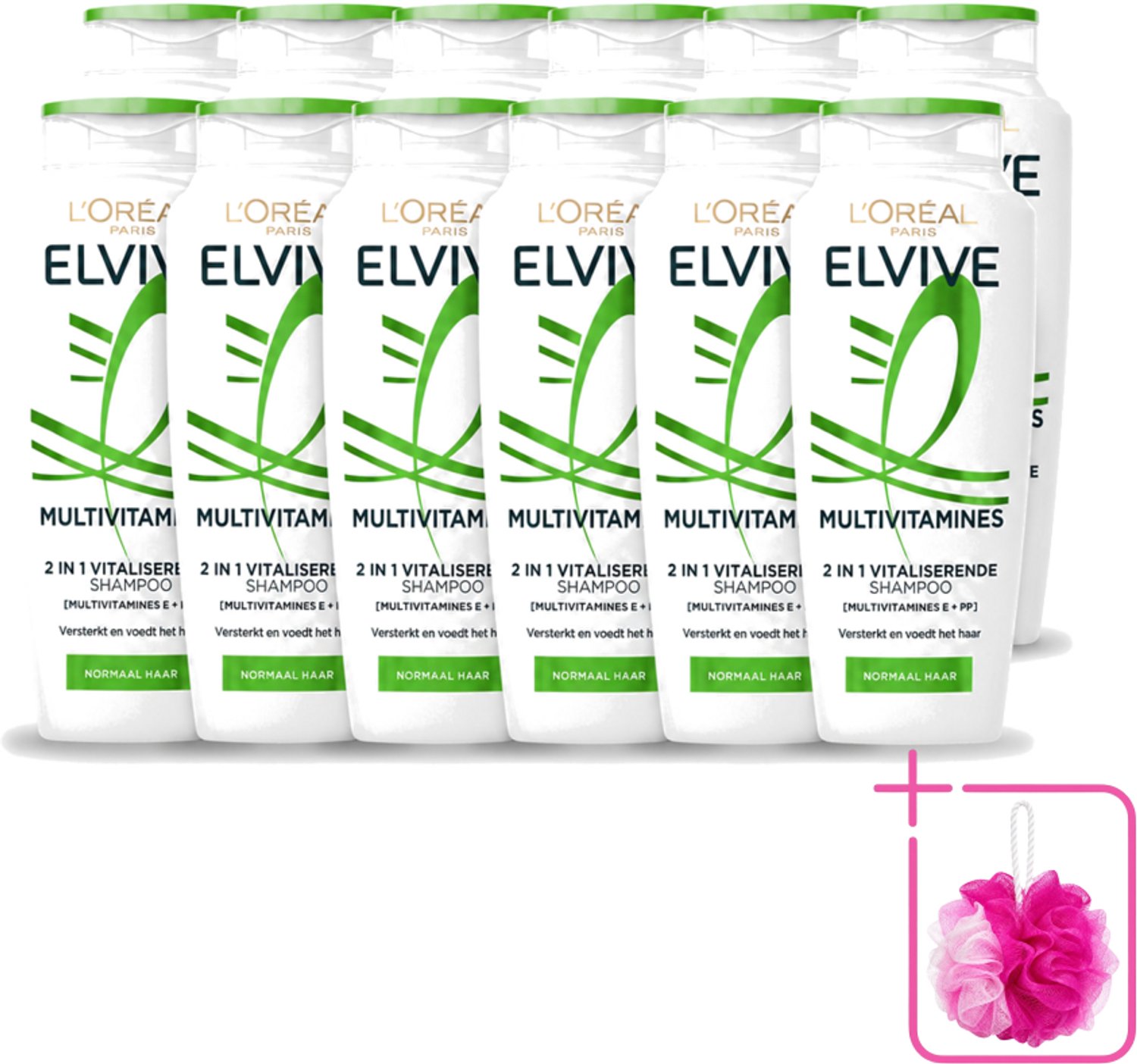 12 x L’Oréal Paris Elvive – Shampoo – Multivitamines 2-in-1 – 250 ml - Bulkverpakking - Haarverzorging - Douchemop - Krachtig haar