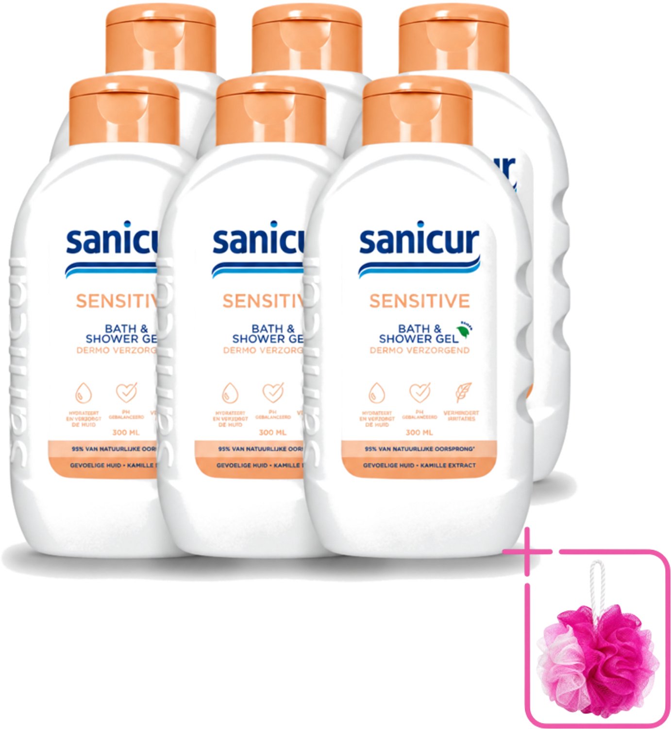 6 x Sanicur – Bad & Douchegel – Sensitive – 300 ml - Bulkverpakking - Gevoelige huid - Douchemop - Bad en douchegel