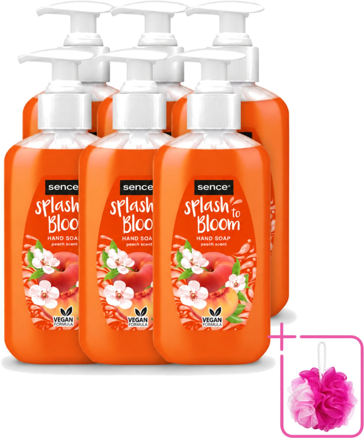 6 x Sence – Handzeep – Splash To Bloom Peach – 500 ml - Bulkverpakking - Handzeep - Douchemop - Perzikgeur