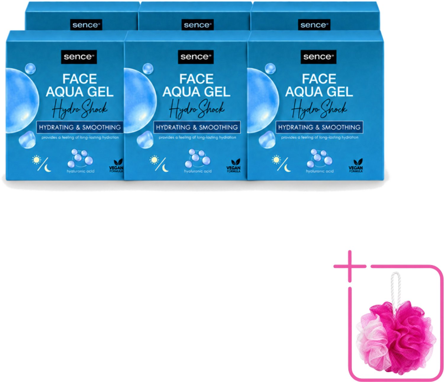 6 x Sence – Dagcrème – Aqua Gel Hydro Shock 2-in-1 – 50 ml - Bulkverpakking - Hyaluronzuur serum - Douchemop - Hydratatie serum