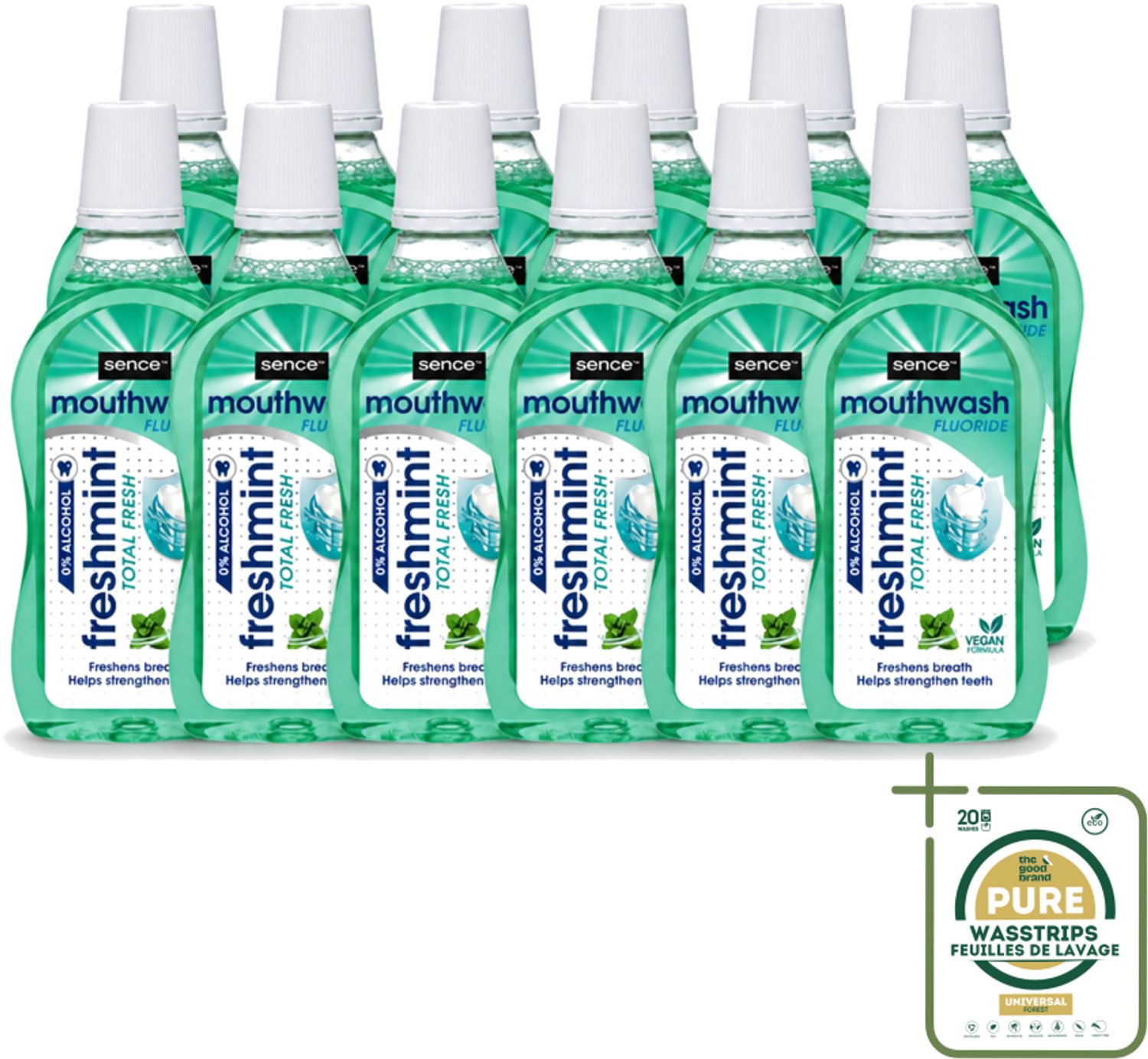 12 x Sence - Fresh Freshmint - Mondwater - Fris & Muntig - 500 ml - Wasstrips - Mondwater - Mondverzorging - Frisse Adem - Tandplak - Mintsmaak