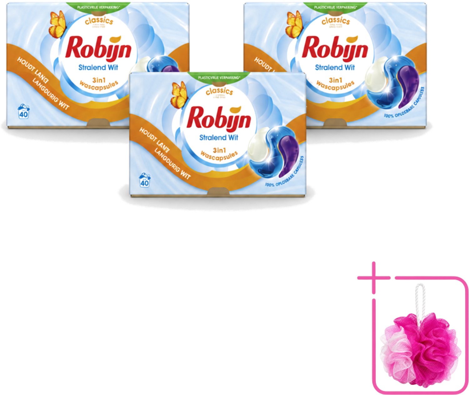 3 x Robijn - Stralend Wit - 3-in-1 Wascapsules - Houdt Langdurig Wit - 40 Wascapsules - Bulkverpakking - Wit was - Douchemop - Wascapsules