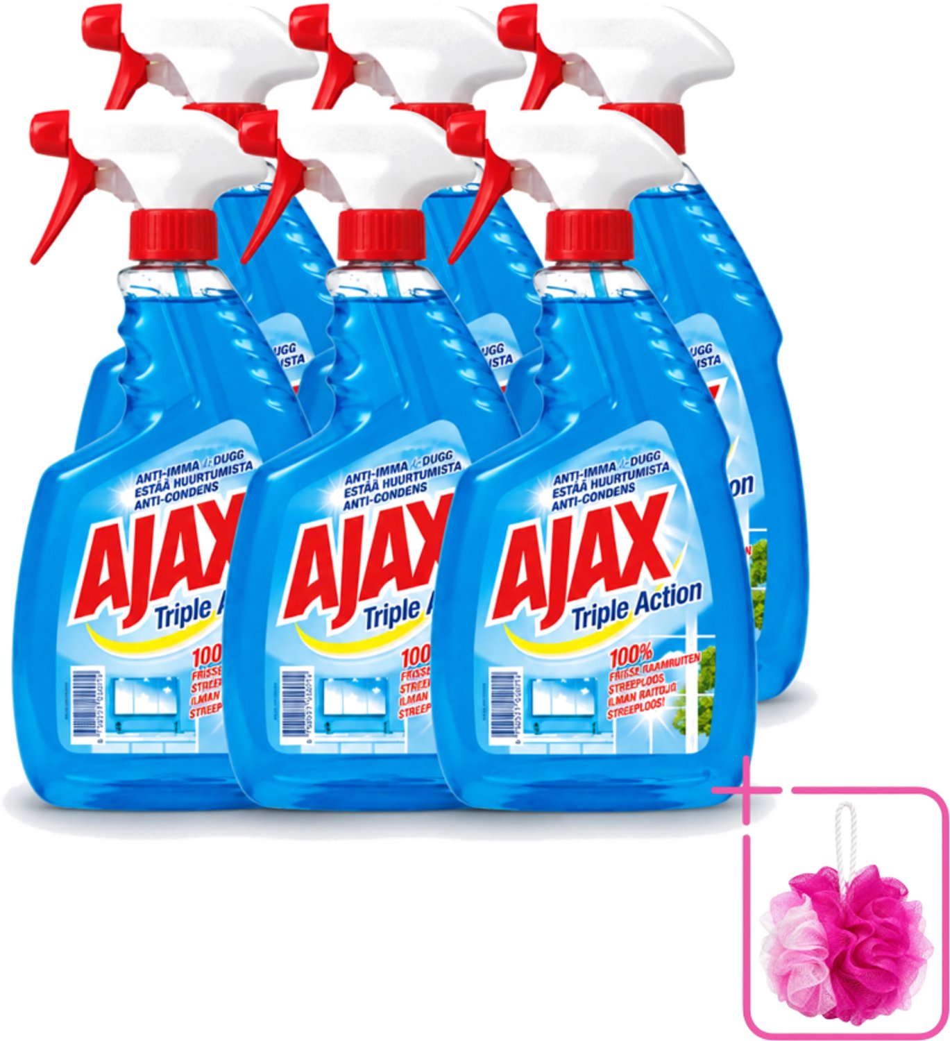 6 x Ajax - Glasreiniger Spray - Triple Action - Streeploos Schoon - Anti-Condens - 750 ml - Bulkverpakking - Glas reinigen - Douchemop - Ramen reinigen