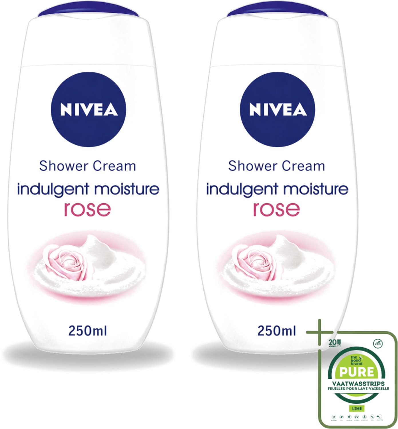 2 x Nivea - Shower Indulgent Moisture Rose Douchecrème - 250 ml - Grootverpakking - Vaatwasstrips - Douchecrème - Hydraterende Douchecrème - Amandelmelk - Rozengeur - Zachte Huid