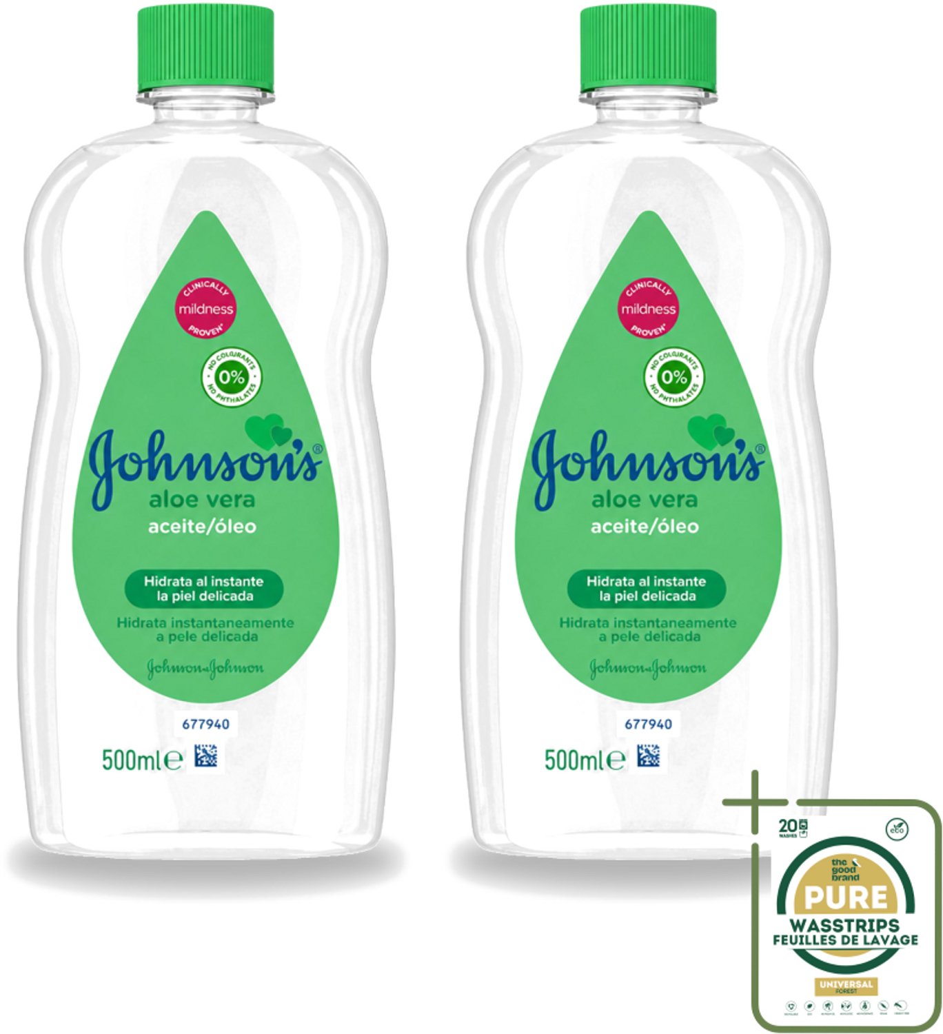 2 x Johnson's - Baby Olie - Aloe Vera - Hydrateerd Gevoelige Huid - 500 ml - Wasstrips - Babyolie - Aloe Vera - Gevoelige Huid - Melkkorst Verwijderen - Hydraterende Olie