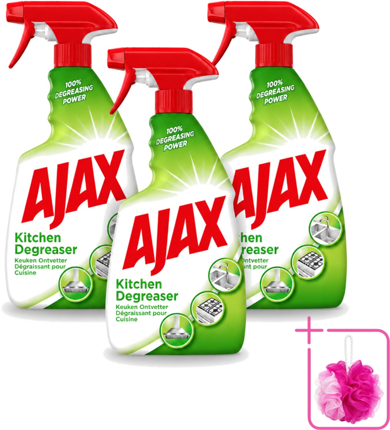 3 x Ajax - Keuken Ontvetter Spray - Verwijdert Hardnekkig Vet - 750 ml - Bulkverpakking - Keuken reinigen - Douchemop - Vet verwijderen