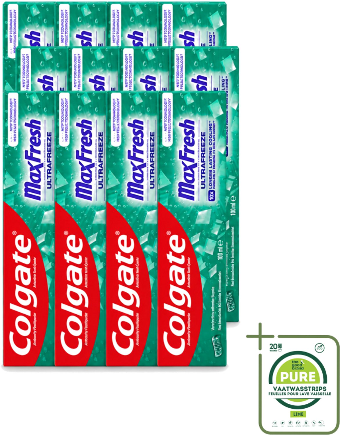 12 x Colgate - Max Fresh Clean Mint - Tandpasta - 100ml - Grootverpakking - Vaatwasstrips - Tandpasta - Tanden Reinigen - Tanden Witter Maken - Tandsteen Verwijderen - Frisse Adem