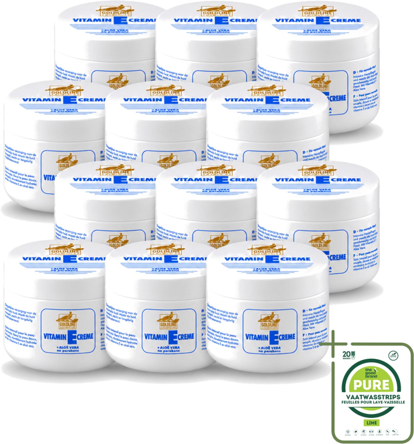 12 x Goldline - Bodycrème - Vitamine-E & Aloë Vera - Normale Huid - Hydraterend - 250 ml - Grootverpakking - Vaatwasstrips - Bodycrème - Vitamine E - Aloë Vera - Hydraterende Crème - Huid Verzorging