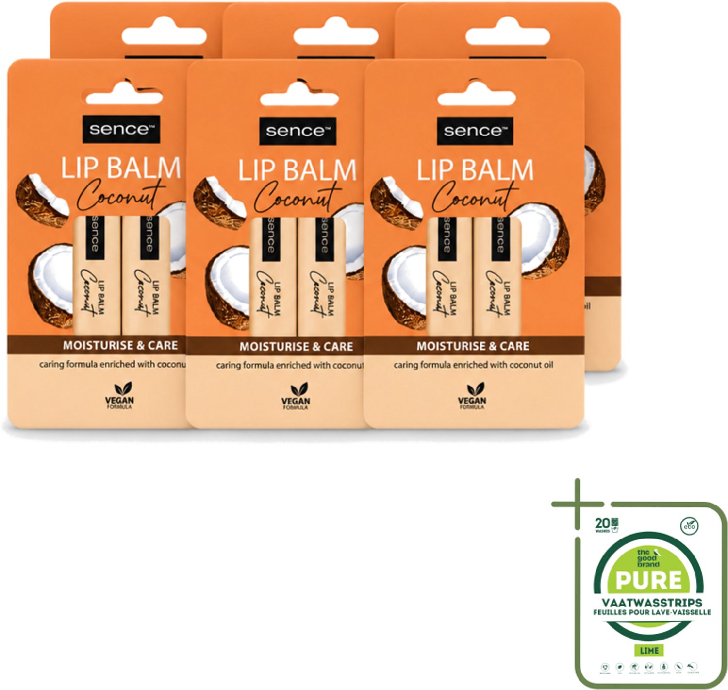 6 x Sence - Moisturise & Care - Lippenbalsem Duo - Verzorgend - 2 x 4,3 g - Grootverpakking - Vaatwasstrips - Lippenbalsem - Kokos - Lippenverzorging - Hydraat - Bescherming