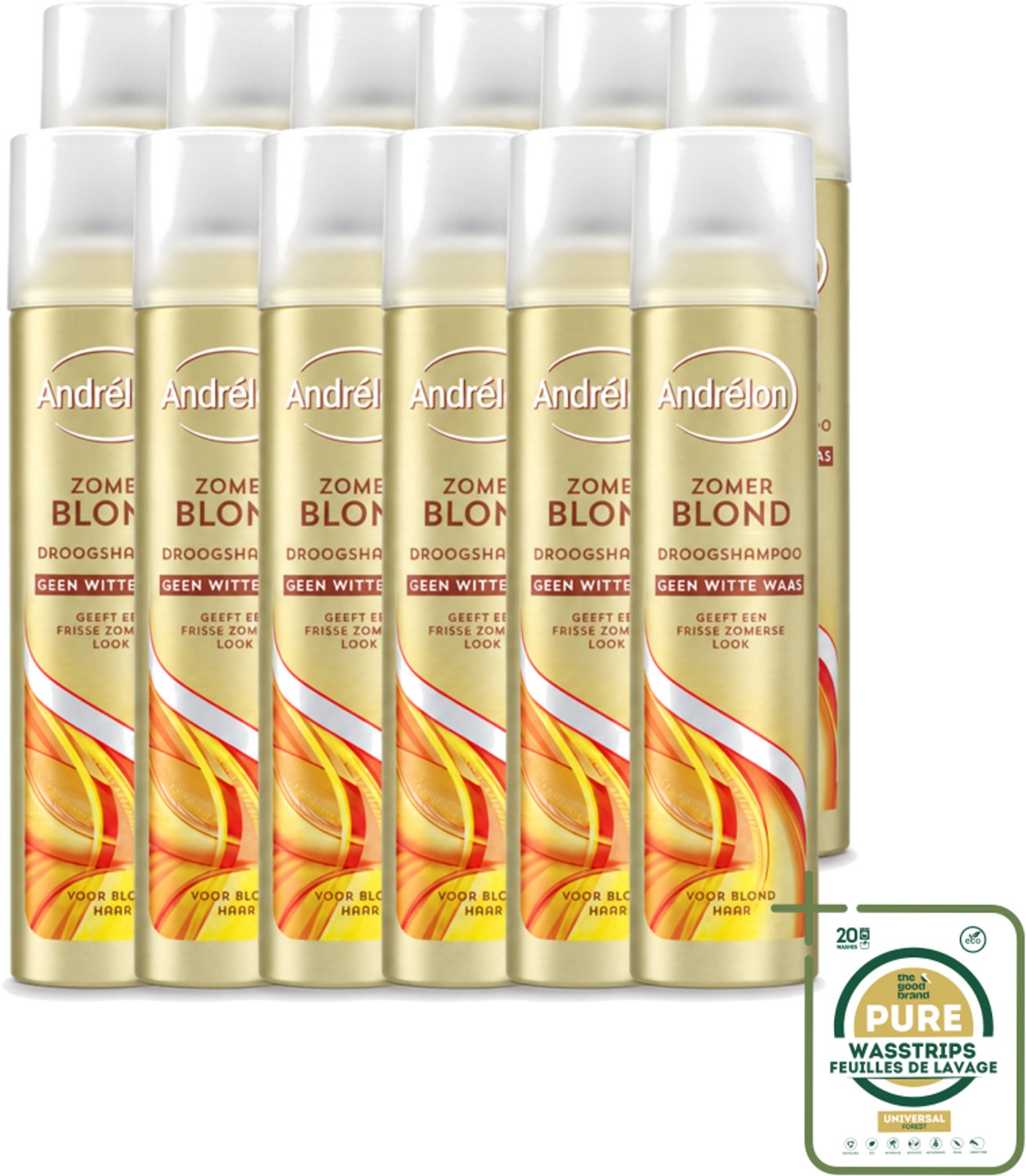 12 x Andrélon - Zomerblond - Droogshampoo - Voor Blond Haar - 245 ml - Wasstrips - Droogshampoo Voor Blond Haar - Fris Haar - Zomerblond - Droogshampoo - Vet Absorberend