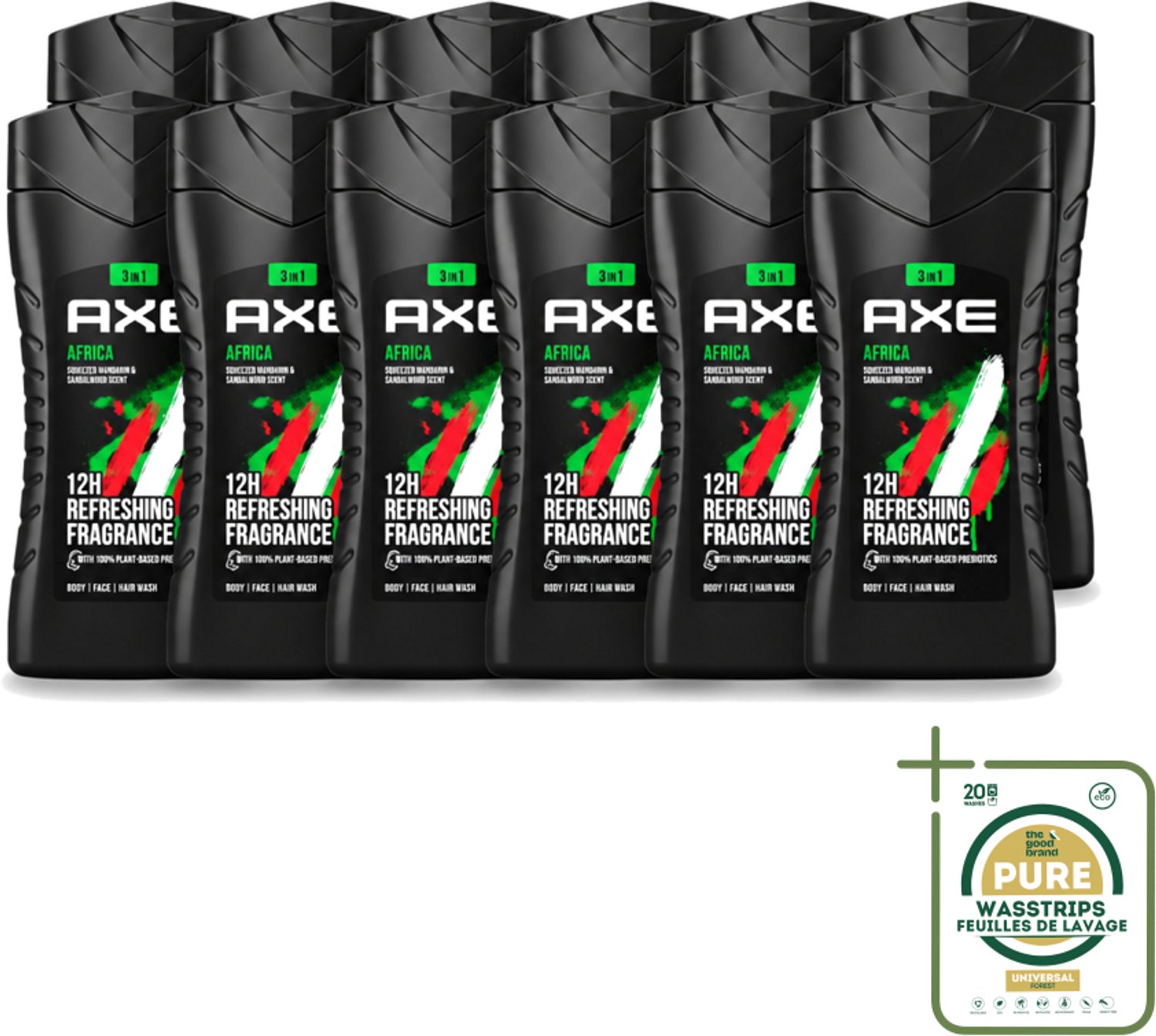 12 x Axe - 3-in-1 Douchegel - Africa - Squeezed Mandarin & Sandalwood - 100% Plantaardig - 250 ml - Wasstrips - Axe Africa Douchegel - Douchegel - 3-in-1 Douchegel - 100% Plantaardig - Mandarin En Sandalwood