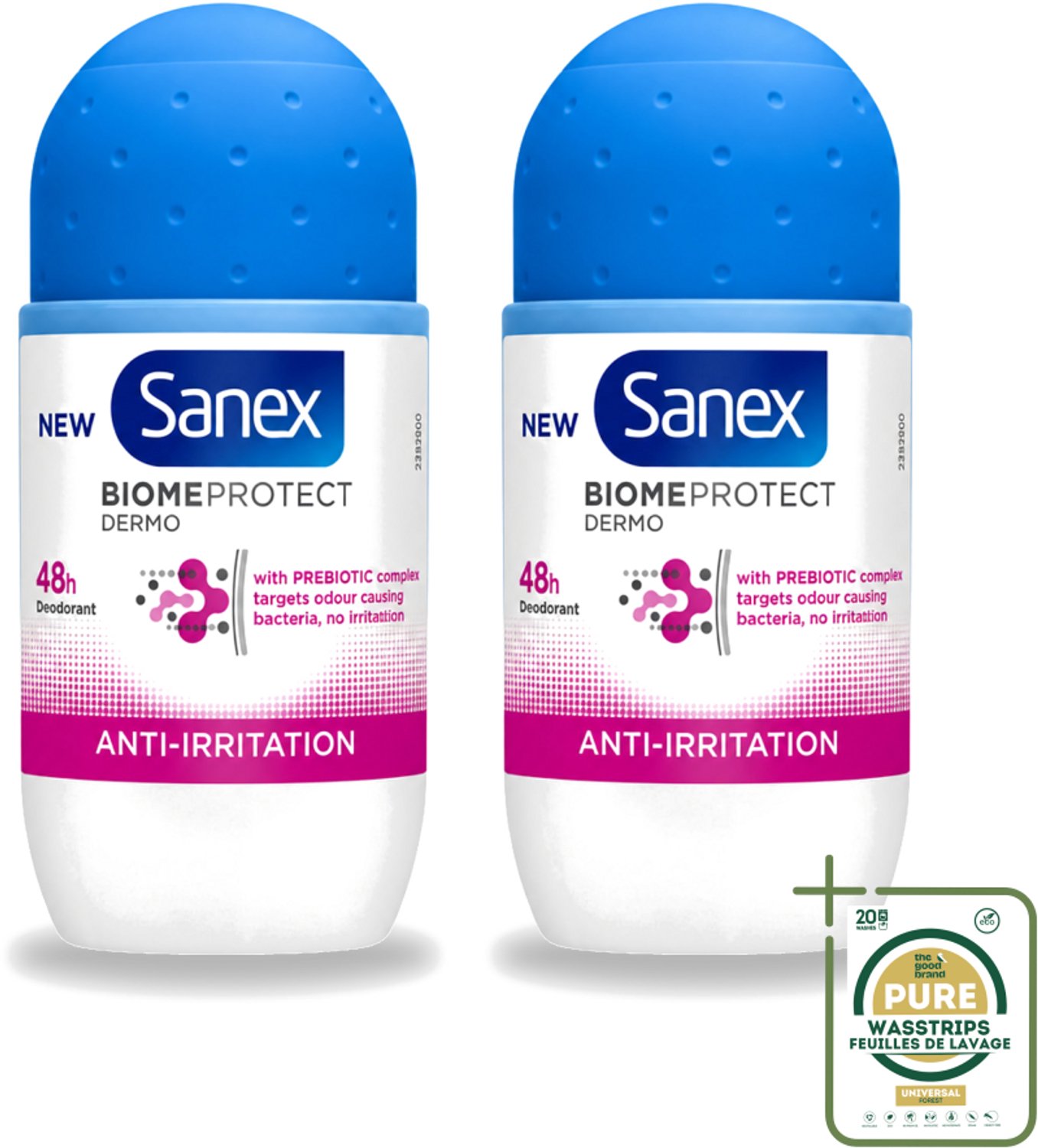 2 x Sanex – Deo Roll-on – BiomeProtect Dermo Anti-Irritation – 50 ml - Wasstrips - Gevoelige Huid - Anti-irritatie - Huidmicrobioom - Deodorant Roller - Alcoholvrije Deodorant