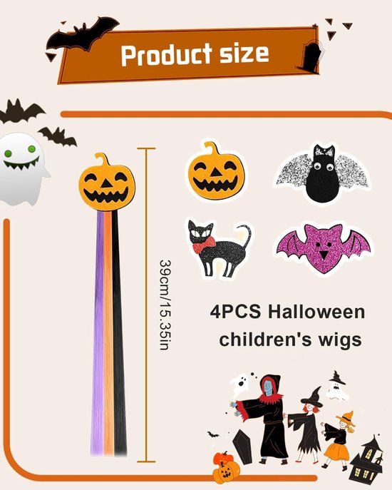 4 stuks Halloween-haarverlengingsclips, geschikt voor glad haar, pompoen-vleermuis-meisjeshaaraccessoires, kleurrijke pruiken, geschikt voor feestverkleedpartijen — afbeelding 5