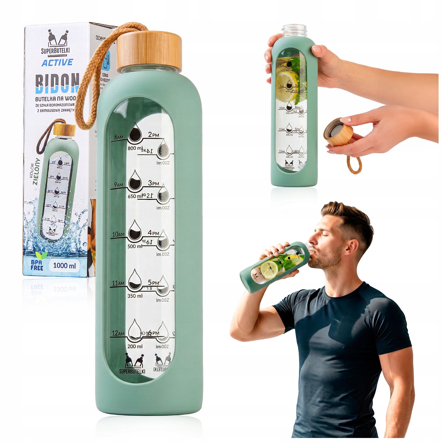 Glazen Waterfles 1L in Siliconen Hoes - Groen