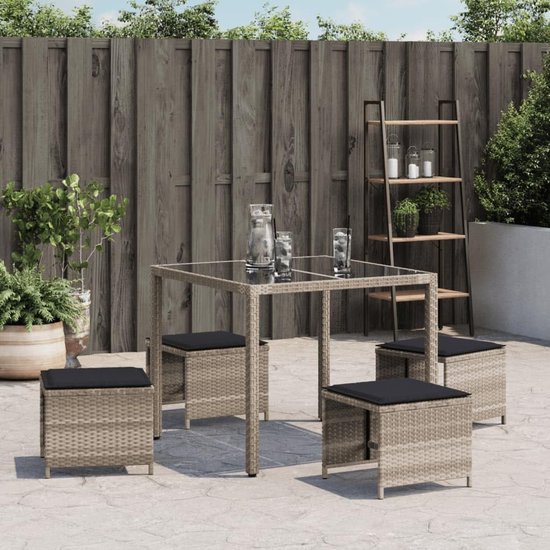 Poly rotan tuinkruk set 4-delig, lichtgrijs kruk 40x40x35 cm met kussen, afneembare hoes en gepoedercoat stalen frame, max. 110 kg belastbaar — afbeelding 2