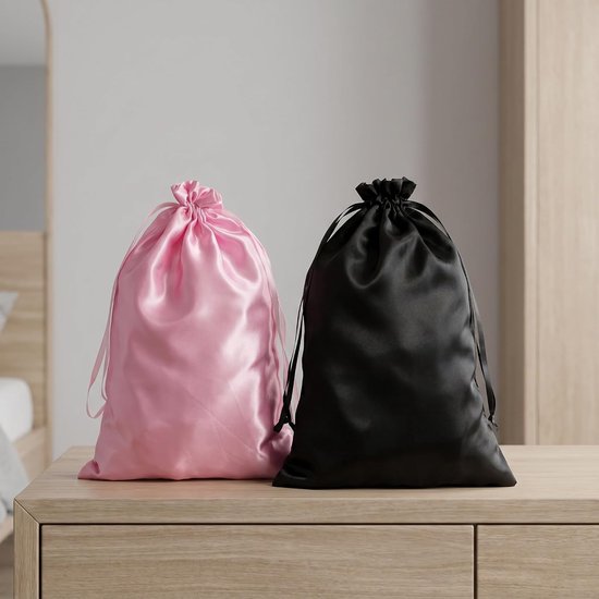 6 stuks reistassen voor pruiken voor vrouwen, satijnen etui met trekkoord, zacht en stofvrij - Opbergtassen voor haarextensies, roze en zwart, voor een vrijgezellenfeest — afbeelding 2