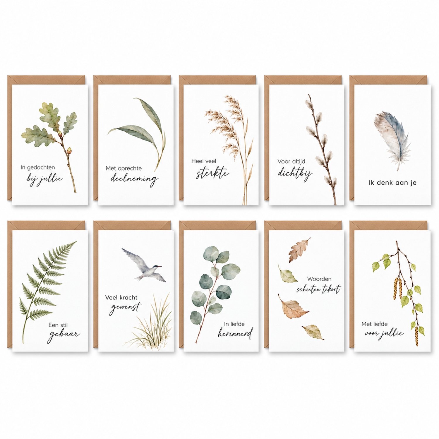 Cards & Crafts 10 Luxe Condoleancekaarten met Botanische Illustraties – Sterkte en Deelneming – 12x17 cm – 300 g/m² – Inclusief Kraft Enveloppen