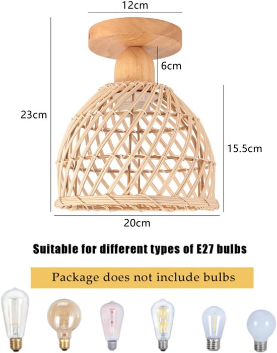 Set van 2 vintage natuurlijke bamboe plafondlamp, plafondlamp met rotan lampenkap, E27 verlichting, decoratie, houten kroonluchter voor slaapkamer, entree, hal, keuken, eetkamer — afbeelding 2
