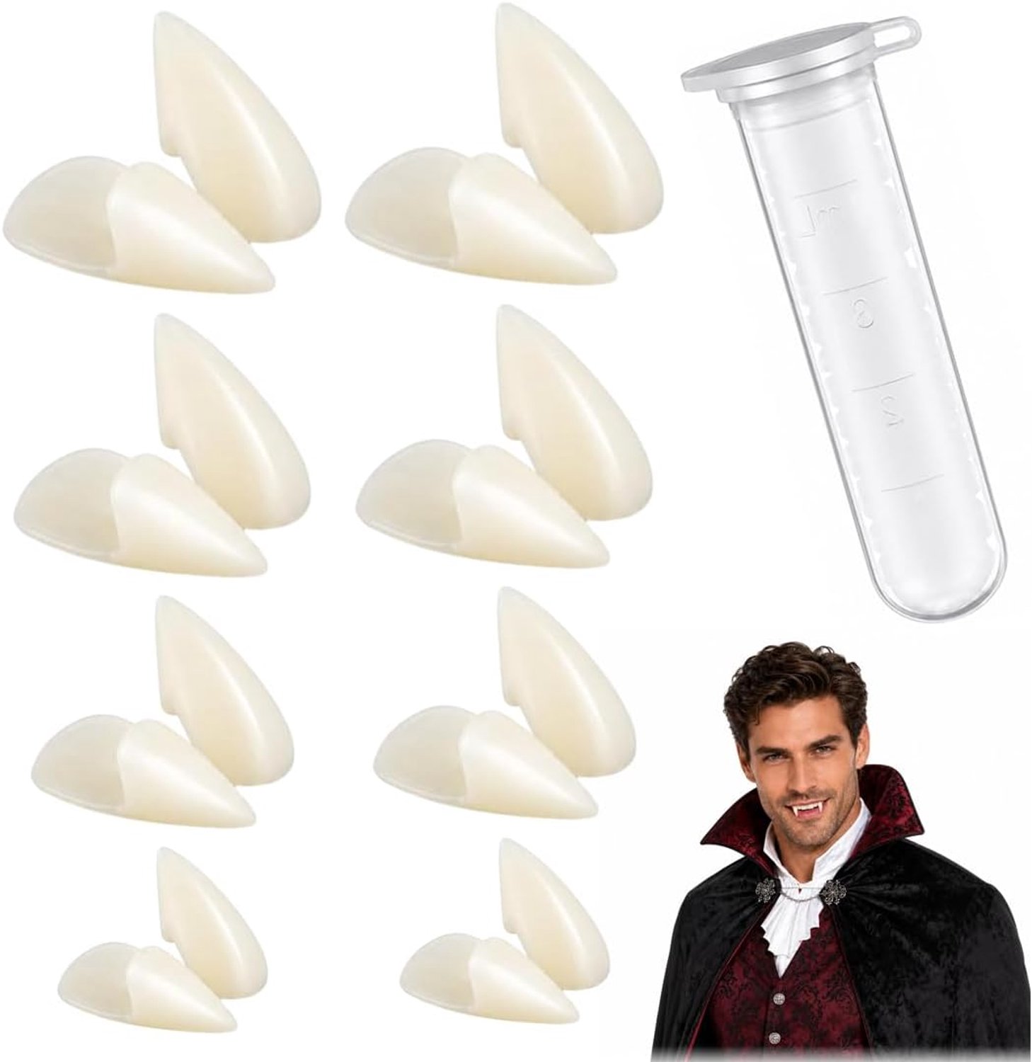 8 paar valse vampiertanden, kostuumaccessoire-set met lijmparels, voor feestjes, cosplay en Halloween