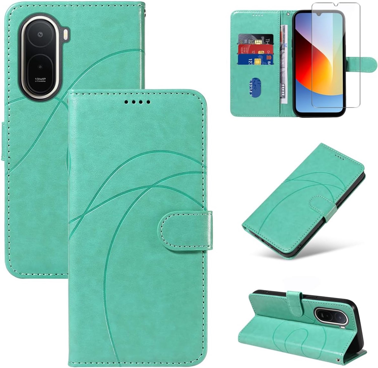 Beschermhoes voor Xiaomi Redmi A7 Pro 4G, met 1 displaybeschermfolie van gehard glas, PU-leer en klaphoes, standfunctie (groen)