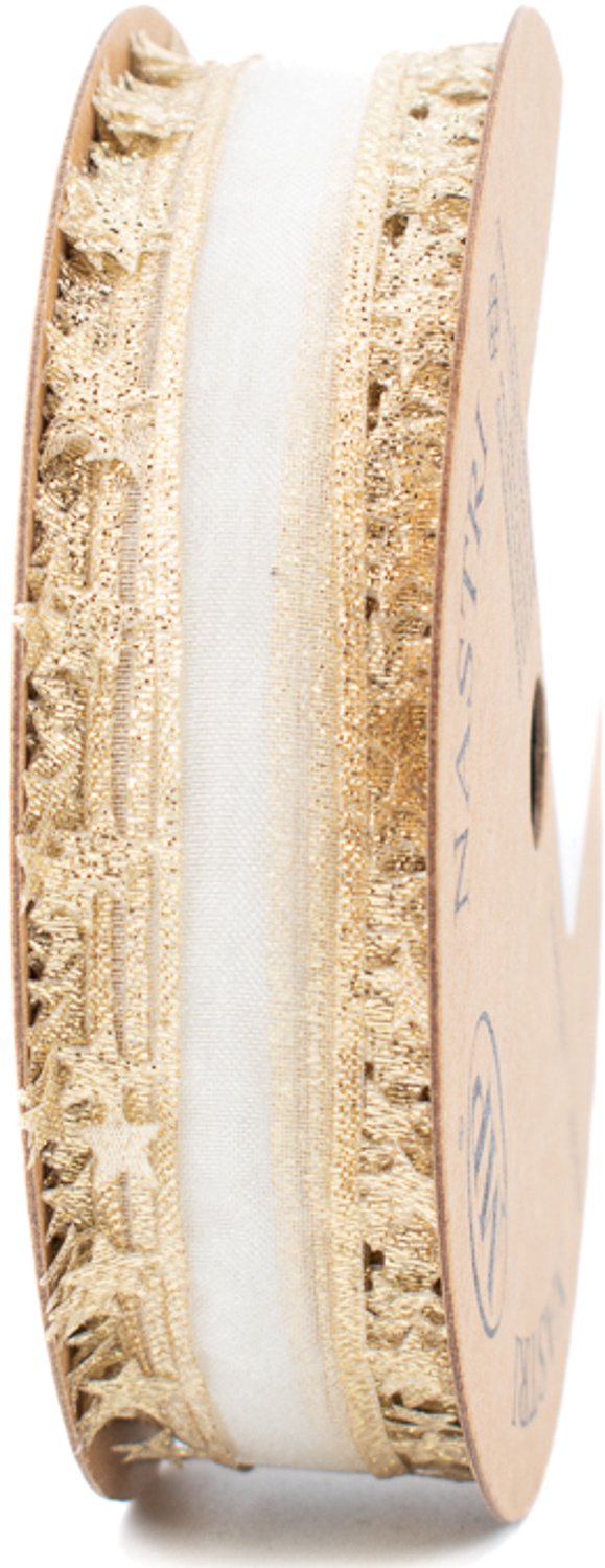 Kerstlint - decoratielint - cadeaulint - wit met gouden sterren - 25 mm x 10 meter