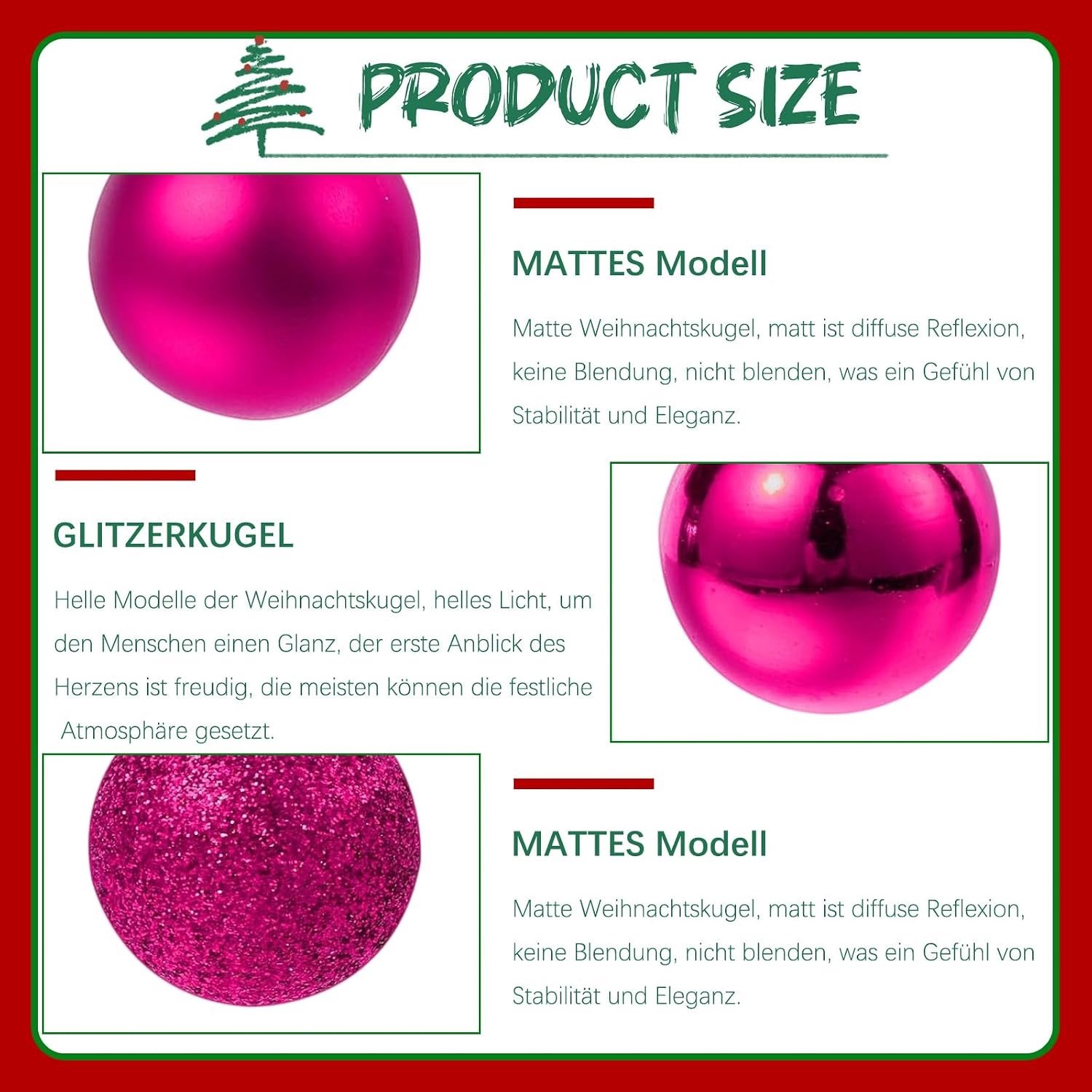 Set van 24 kerstboom versieringen, rozerood, 3 cm, matte en glanzende plastic ballen, shatterproof kerstdecoratie voor een feestelijke uitstraling