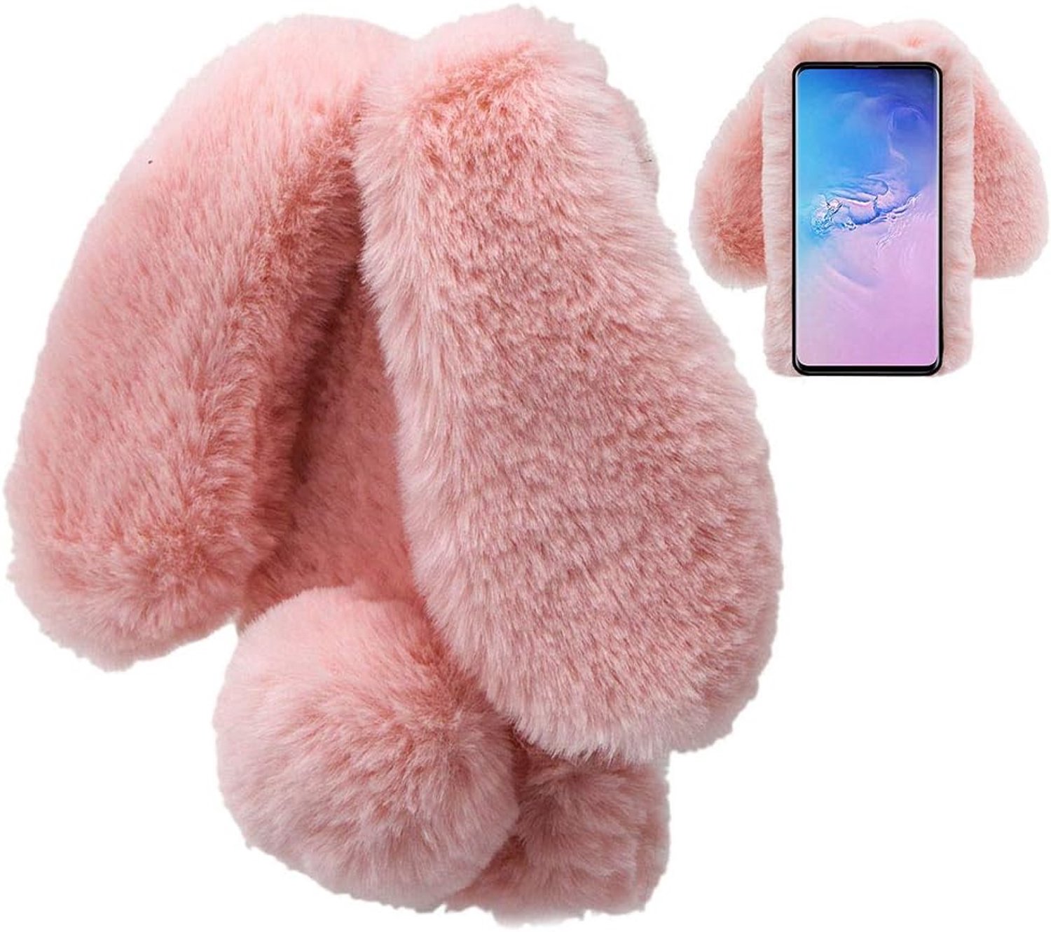 Konijn Hoes voor Samsung Galaxy S21 FE 5G, LCHDA Pluizig Schattige Kunstmatig konijnenbont Haar Leuk Lange Oren Pluche Zacht Harig Warm Siliconen Bumper van TPU Beschermende Telefoon Hoesje - Roze