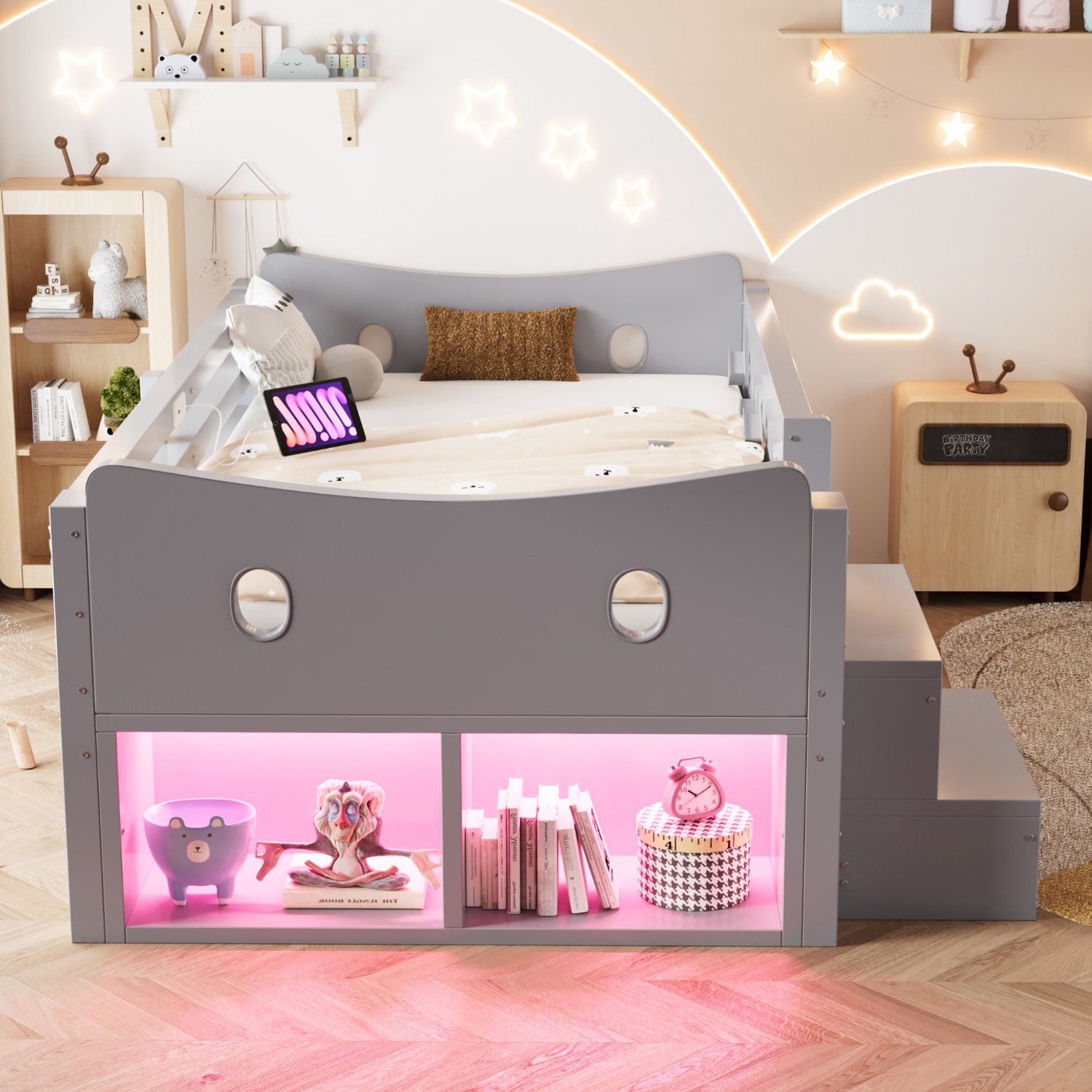 Merax Kinderbed 90x200 cm - met opbergruimte - lade en veiligheidsreling - met LED-verlichting - USB- en Type-C-oplaadpoort - grijs - zonder matras