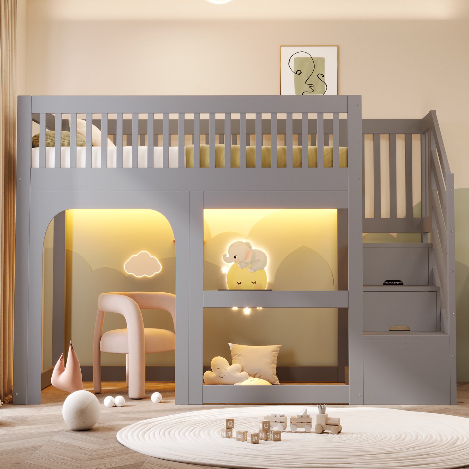 Merax Kinderbed 90x200 cm - met deur en raam - met opbergladder - open opbergruimte onder het bed - met LED-verlichting - grijs - zonder matras