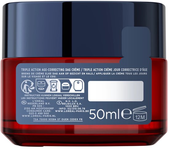 Achterkant van een rode pot Revitalift Laser dagcrème met blauw deksel. Bevat 50ml en instructies in het Nederlands en Frans.