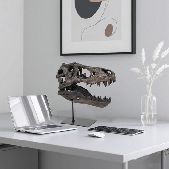Hars Dinosaurus Schedel Sculptuur, Dinosaurus Tand Schedel Fossiel met Standaard Hoofd Standbeeld Schedel Ornamenten voor Haunted House Thuis Bar Feest Tafeldecoraties, Bruin — afbeelding 2