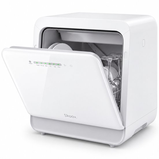 Skoov Vrijstaande mini vaatwasser met waterreservoir - Afwasmachine vrijstaand - Dishwasher - Vaatwas - Met bestekmand - Kleine vaatwasmachine - Smalle - Tafel - Camping -Wit - Compact - 5 Couverts - 7 wasprogramma’s