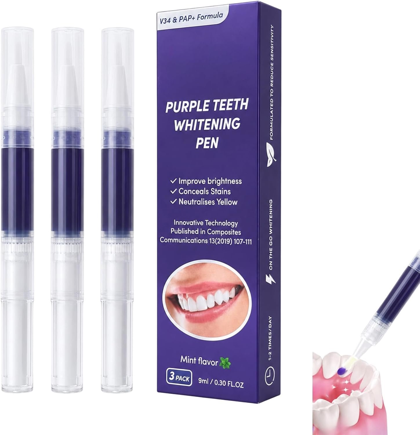 Purple Teeth Whitening Pen 3er Set, tandbleekpen voor optische tandbleek met kleurcorrectie voor wittere tanden, zachte tandbleek voor koffie- en theeverkleuringen