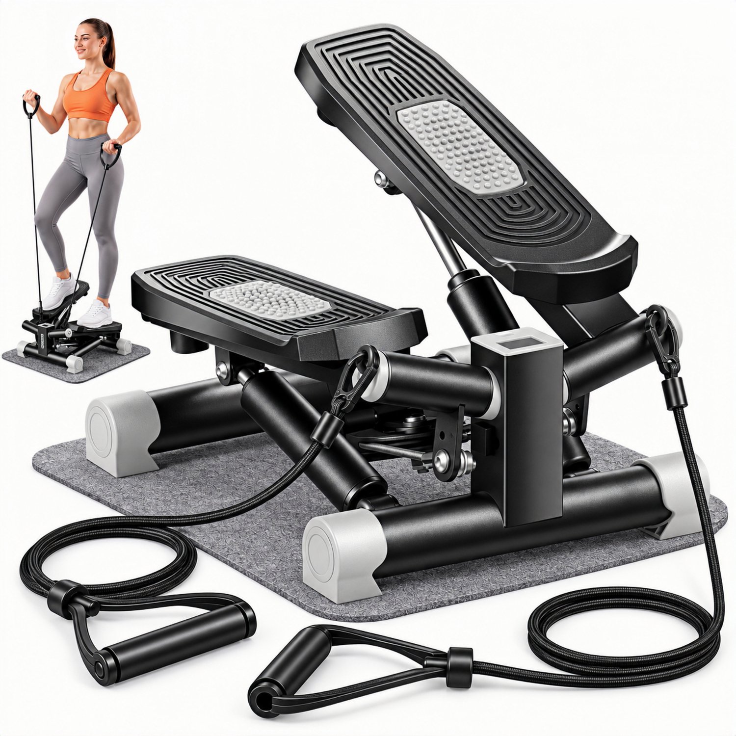 3-in-1 Mini Stepper voor Thuis – Twist Stepper met Weerstandsbanden – Hydraulische Fitness Stepper met Verstelbare Weerstand & LCD Display – Tot 200 kg
