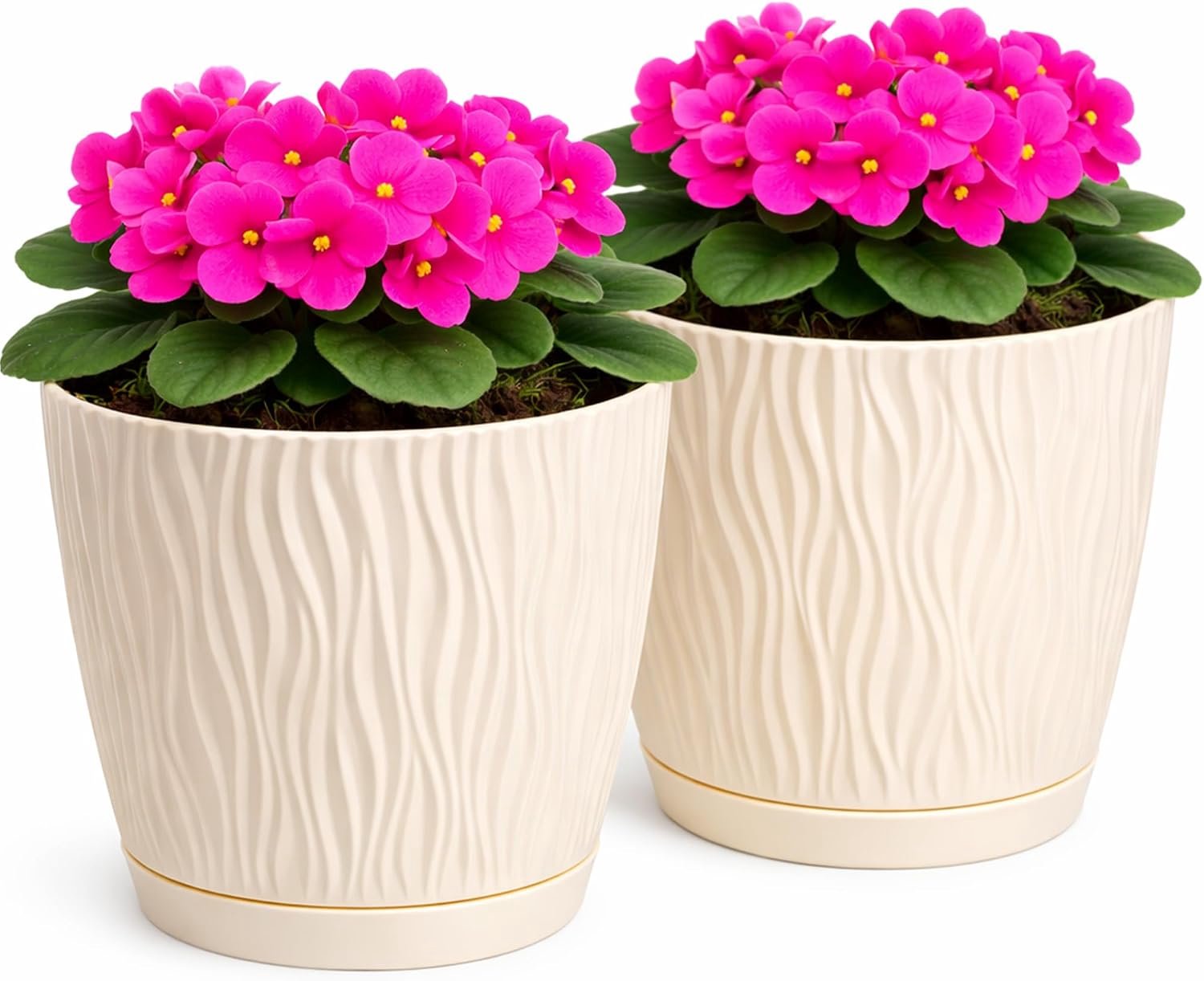 Matte bloempotten, decoratieve plantenpot voor bloemen en kruiden, duurzame en lichte, ronde kunststof plantenpotten voor woonkamer, eetkamer, keuken, terras, balkon, set van 2, crème,