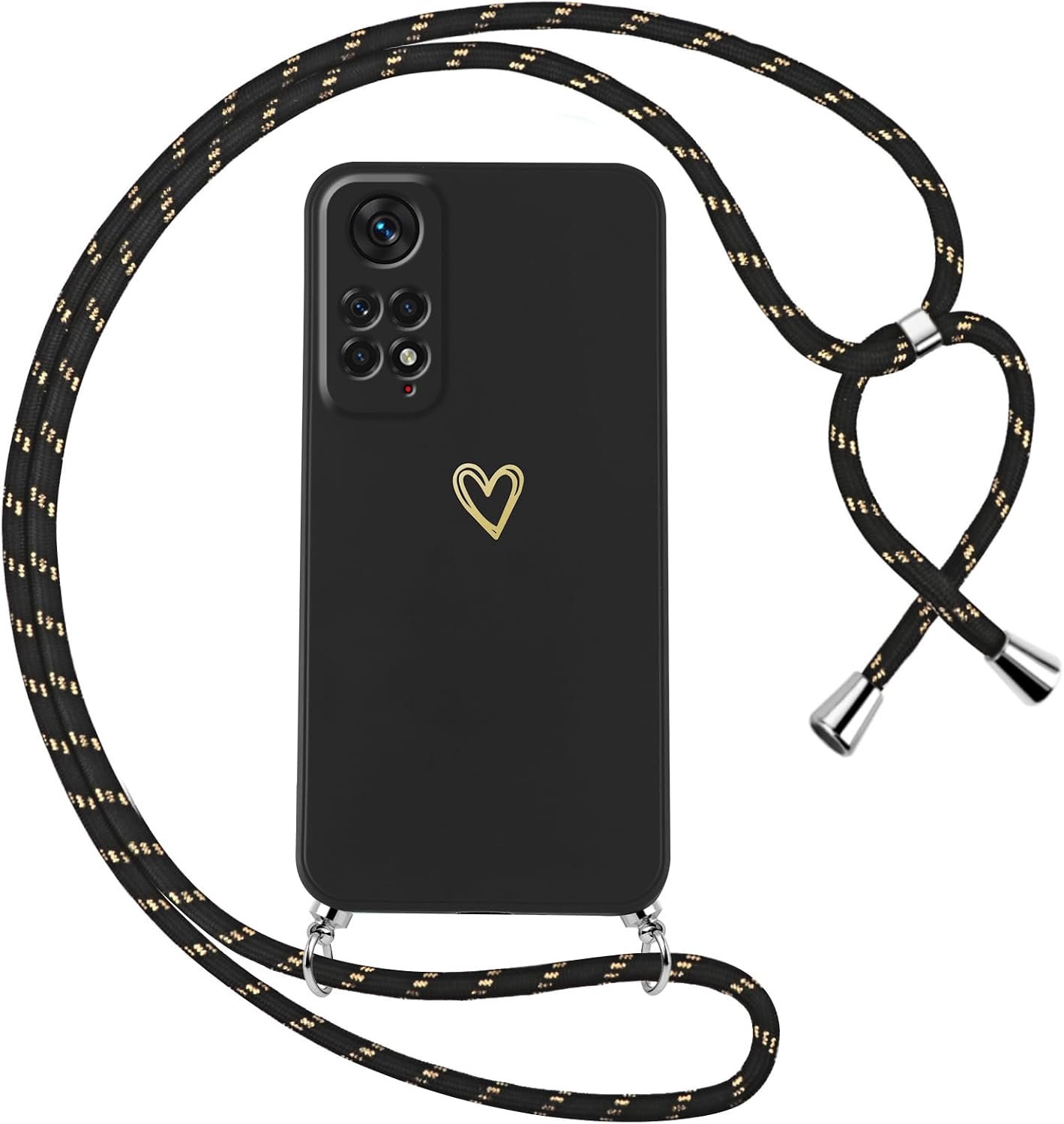 Beschermhoesje voor Xiaomi Redmi Note 11/Note 11S met koord, zachte siliconen hoes met hartpatroon en halsketting, schouderriem, schokbestendig, krasbestendig, verstelbare halsketting, zwart