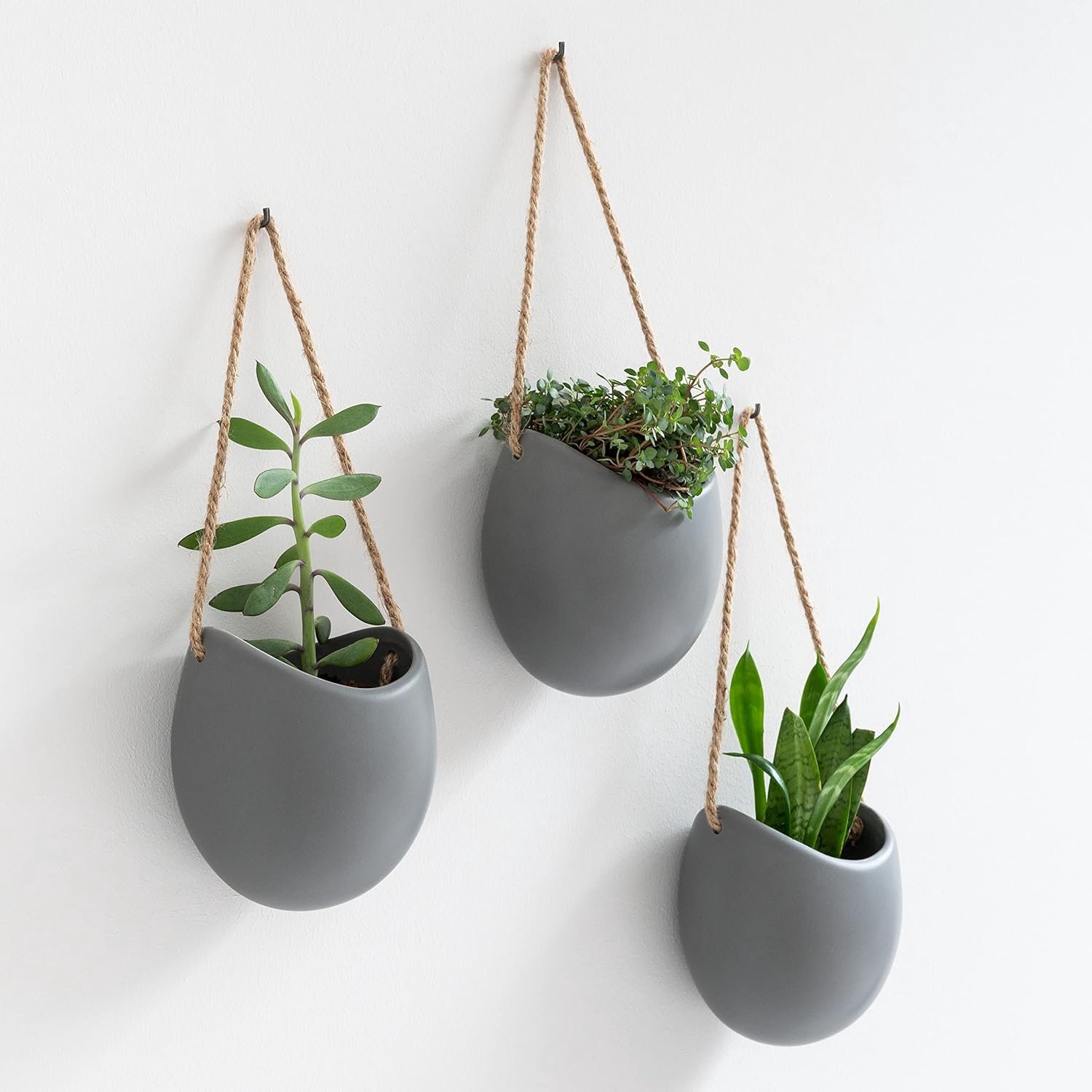 KAZAI. Wandplantenbakken -Ellie- | Hangende Keramische Plantenpotten 3 stuks | Wanddecoratie voor Binnen, Balkon en Tuin | Grijs (mat)