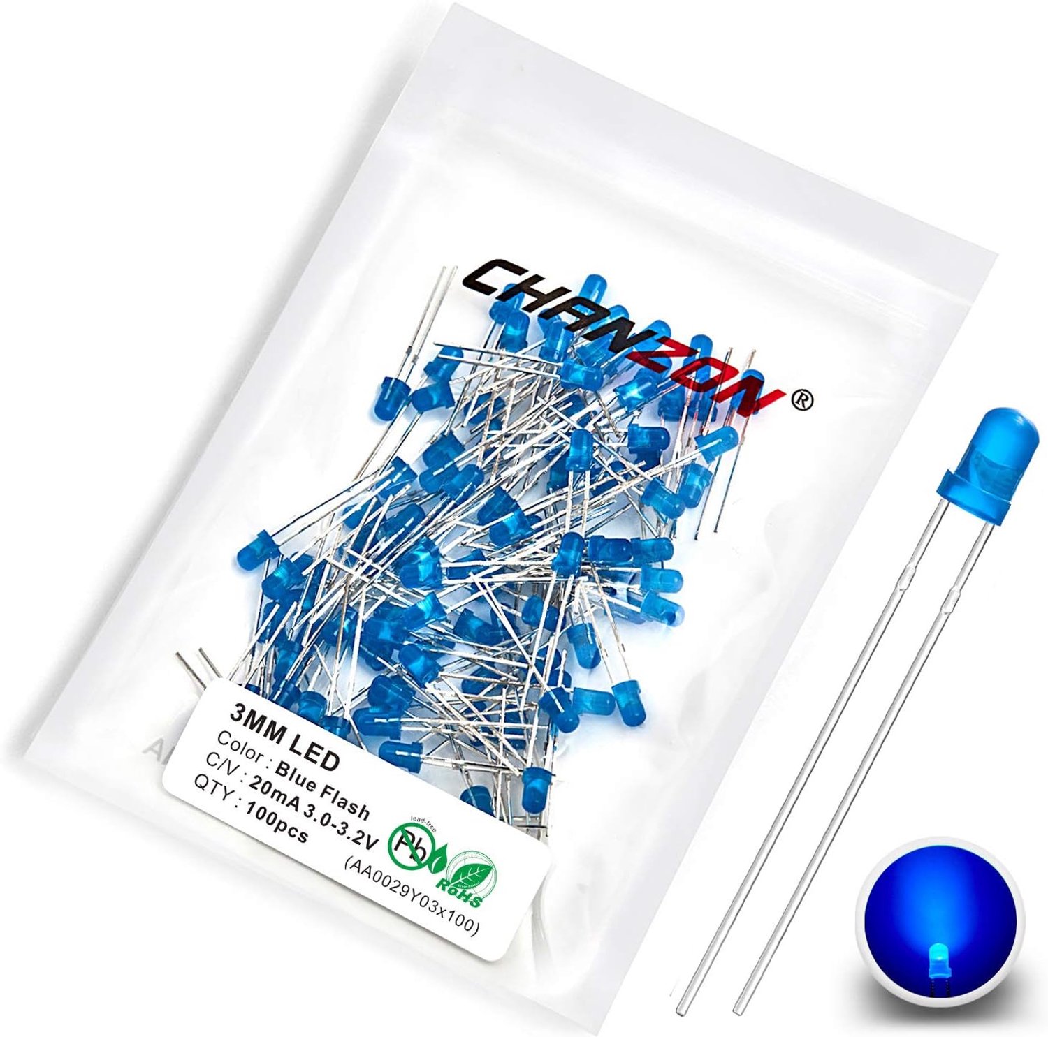 Chanzon 100pcs 3mm Flashing Blue LED Diode Lights 1.5Hz Flashing (Diffused Lens Frosted Round DC 3V 20mA) Bright - ShopVlot