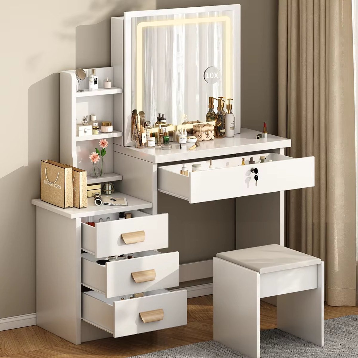 Aafinity Kaptafel met Kruk, Grote Make-up Spiegel, Verstelbare LED Verlichting en Opbergruimte