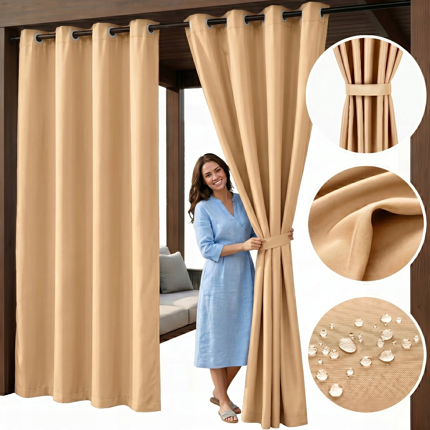 Waterdicht Gordijn voor Buiten 155x180cm Beige met Ophangringen
