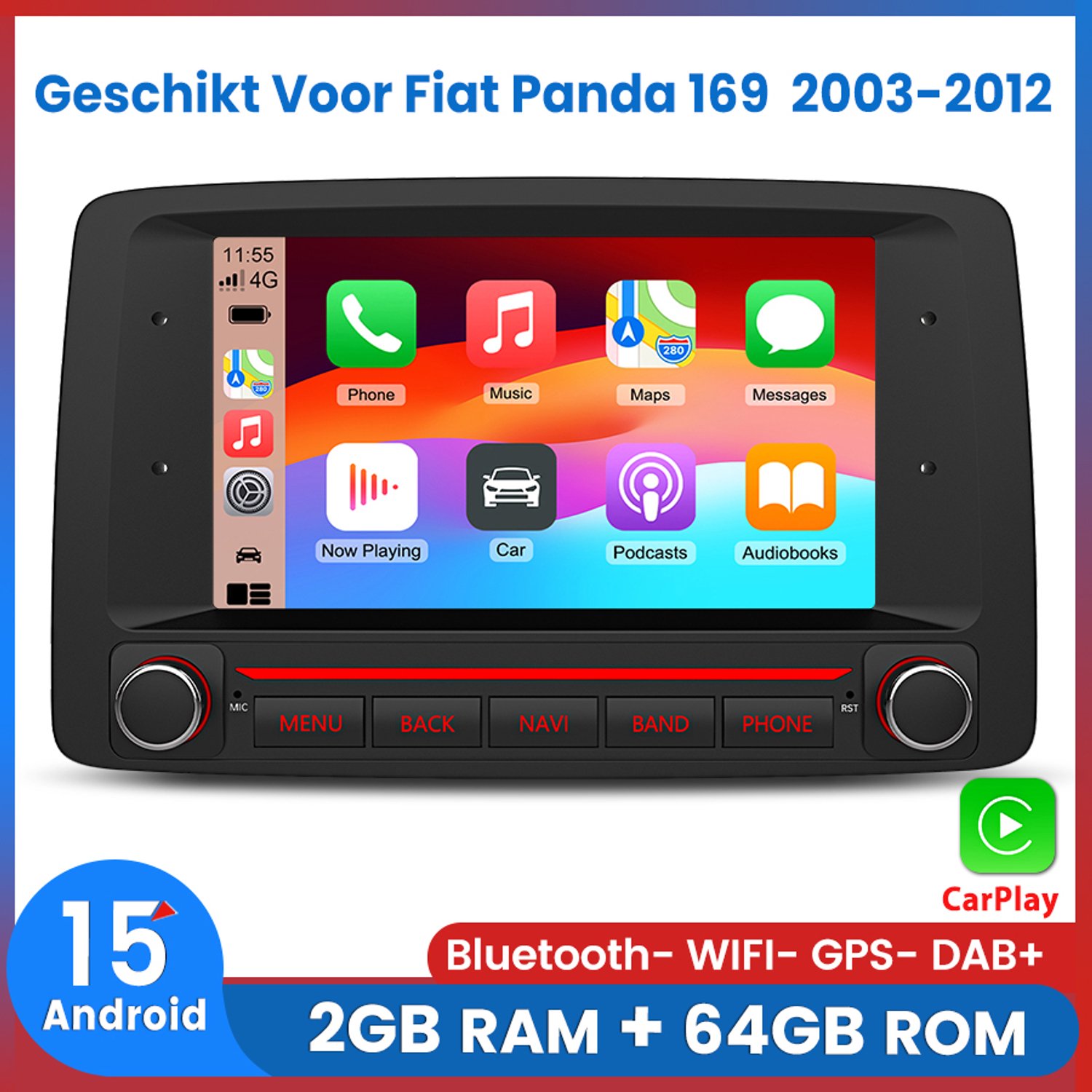Awesafe Autoradio - Geschikt Voor Fiat Panda 169 2003 t/m 2012 - 7 inch IPS Radio Scherm - Draadloos Apple CarPlay & Android Auto - Android 15.0 Systeem - Ram 2GB + Rom 64GB - GPS Navigatie Bluetooth WIFI RDS DSP - Navigatiesysteem Auto