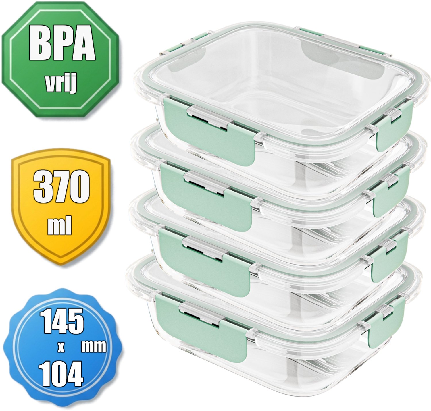 Meal Prep Bakjes Glas Klein 370ml 4st - Rechthoekig Luchtdicht - Vershoudbakjes Borosilicaat - AMIG