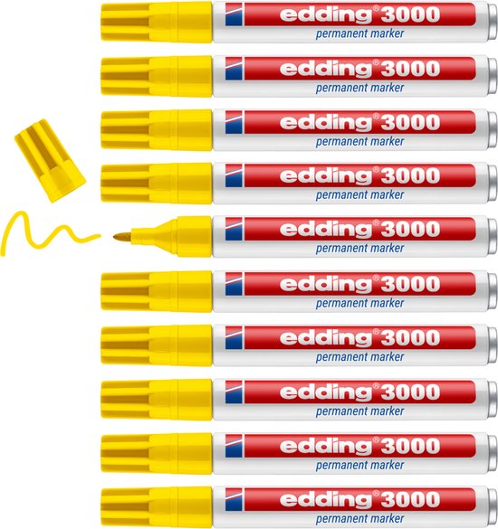 Tien gele edding 3000 permanente markers met rode en witte behuizing. Een dop en een gele lijn zijn ook afgebeeld.