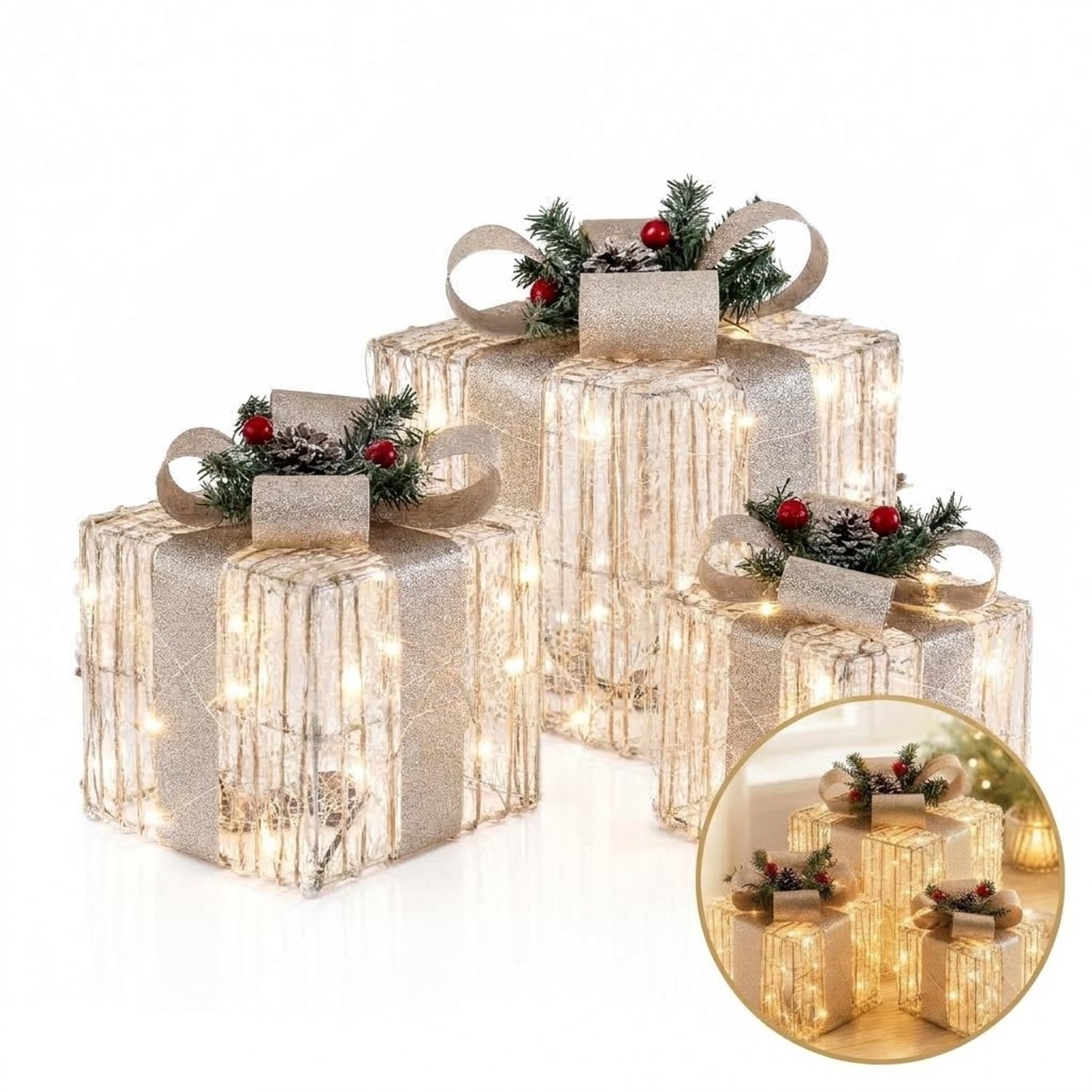 Kerstcadeaudozen met LED Verlichting (3 Stuks)- LED kerst geschenkdozen met elandpatroon - Kerstverlichting figuur - Kerstdecoratie - Warm Wit