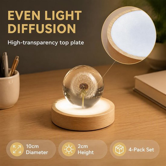 4 stuks LED onderzetters sokkel van hout: 10 cm 3 kleuren LED-lichtbasis, ronde dimbare houten led-lichtsokkel voor 3D kristalglas hars acryl kunst — afbeelding 5