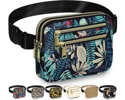 Capolo Heuptassen voor dames, modieuze heuptas, tas met verstelbare riem en 4 ritszakken, waterdicht, overal crossbody-heuptas voor training, hardlopen, reizen, Blauwe Bladeren, Eén maat, Casual